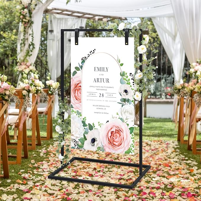 MorningRo Wedding Welcome Sign Stand 50”x30”x20” Welcome to Our Wedding Sign Holder with 2 Leather Straps Easel Stand for Signs Metal Display Poster Holder for Ceremony Party(Black)