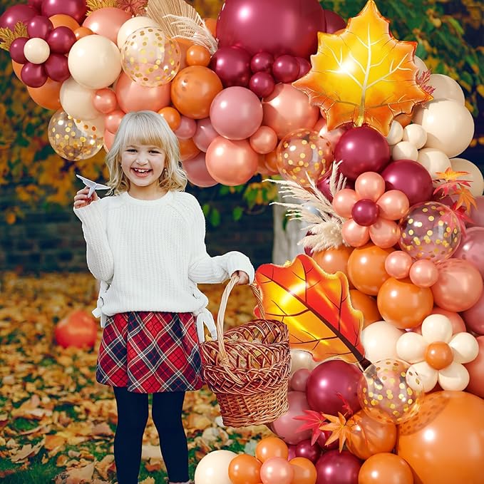 Fall Balloon Garland Arch Kit, Orange Wine Red Nude Sand White Gold Confetti Balloons with Leaf Foil Balloons for Thanksgiving Balloon Autumn Fall Birthday Baby Shower Party Decorations