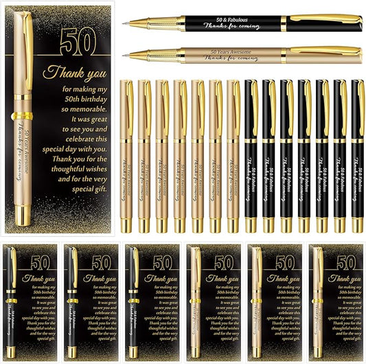 Feifeiya 50 Set 50th Birthday Party Favor for Guest Anniversary Party Favor with Black and Gold Ballpoint Pens and Thank You Cards for Women Men Birthday Anniversary Appreciation Gifts