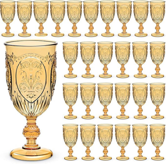 Wiwiqing 48 Pcs Plastic Goblets 7.5oz Vintage Goblet Plastic Wine Glasses Colored Retro Embossed Water Goblets for Wine Bar Juice Baby Shower Wedding Reception Grand Event Party (Amber)