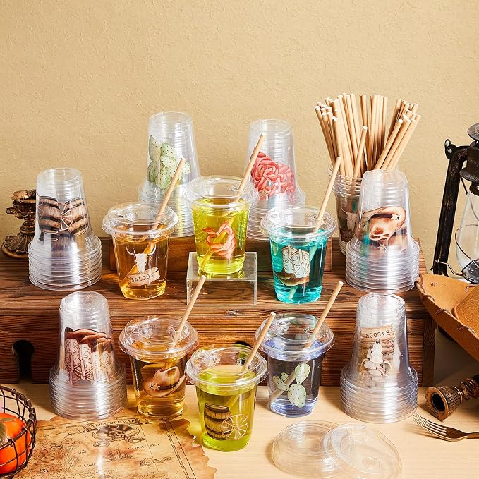 Qinyoung 60 Pcs Western Cowboy Cups with Lids and Paper Straws 14 oz Disposable Clear Plastic Cups for Home Birthday Party Favor Supplies Western Cowboy Decorations