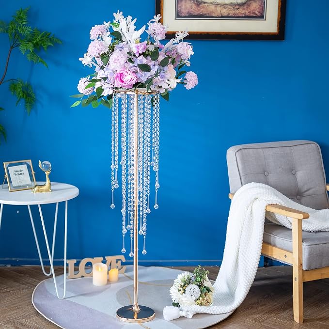 Tall Vases Wedding Centerpieces for Tables - 39.4" Gold Flower Vase with Chandelier Crystal, Centerpiece Table Decorations, Metal Flower Stand for Wedding, Reception, Party, Events, Home Décor, 2 Pcs