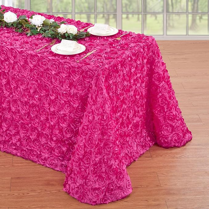 Fanqisi Hot Pink Rosette Tablecloth: 50x102 Inches Wedding Tablecloth - Party Satin 3D Floral Table Cover for Baby Shower Decorations