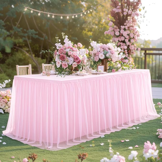 Pink Table Cloth for 8 Foot Rectangle Tables, Pink Stretch Fitted Tulle Table Covers Skirt, Rectangular Ruffle Tutu Tablecloth Wedding Banquet Baby Shower Cake Tablecloths Decorations