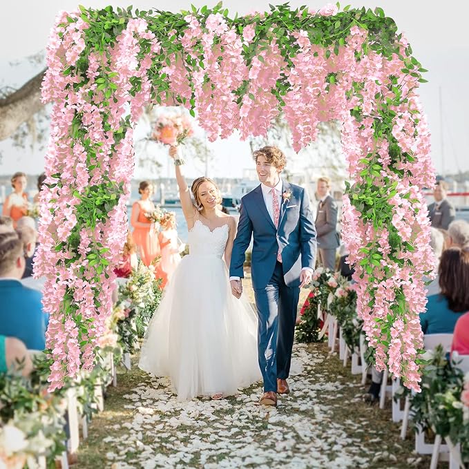 Findosom Wisteria Artificial Flowers Garland, 5Pcs Total 36FT Pink Wisteria Hanging Flowers, Flower Garland Decorations for Home Garden Outdoor Ceremony Wedding Arch Decoration