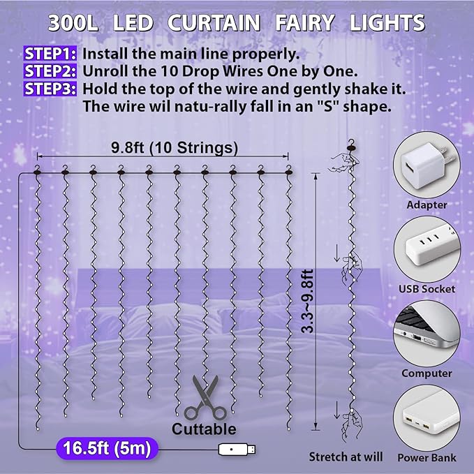 HXWEIYE 300LED Fairy Curtain Lights, 9.8x9.8Ft USB Plug-in 8 Modes Christmas String Hanging Lights with Remote for Bedroom Backdrop Wedding Indoor Wall Decor, Purple, Standard – 1 Pack
