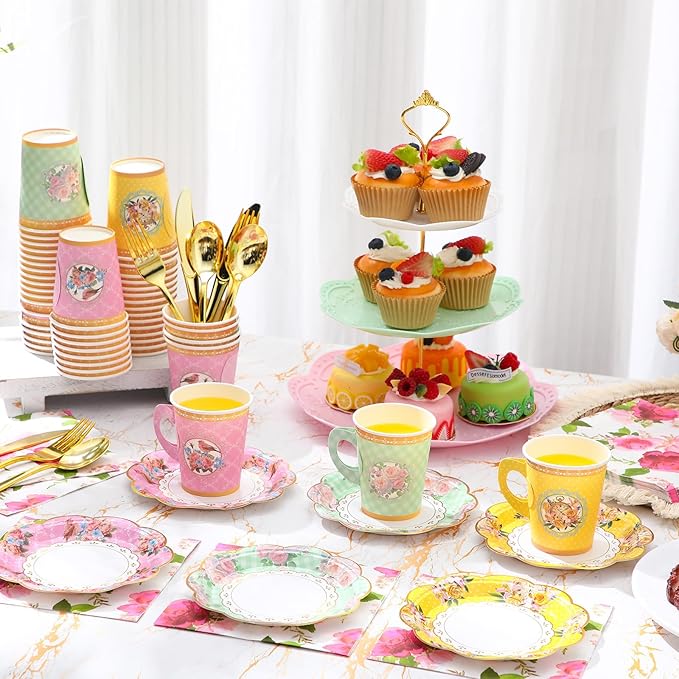 Layhit 83 Pcs Disposable Tea Party Set with 3 Tier Cake Stand Vintage Floral Paper Cups Plates Napkins Cutlery for Women Girls Birthday Baby Shower Bridal Shower Tea(Vivid)