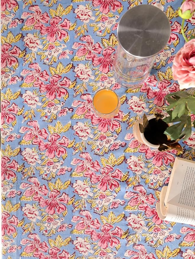 Hand Block Printed Tablecloth, Colorful Floral Print, Indian Artisan Handmade Art, Dining Room, Kitchen, Outdoor Décor, (Sunset Petals, 12 Seater 72 x 135 Inches Rectangle)