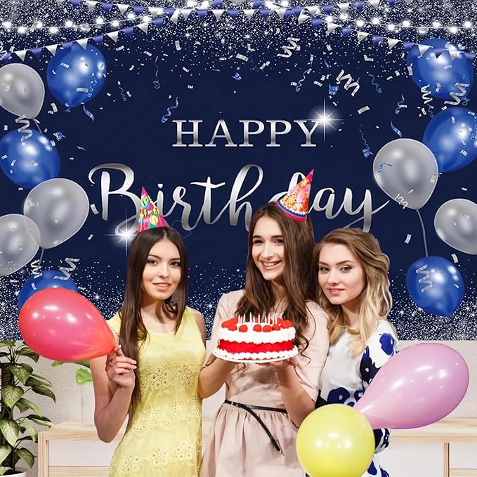 Happy Birthday Backdrop 10x8ft for Men Boys Navy Blue and Silver Happy Birthday Banner Decorations Large Birthday Party Photo Background Poster for Women Girls Supplies Polyester Fabric
