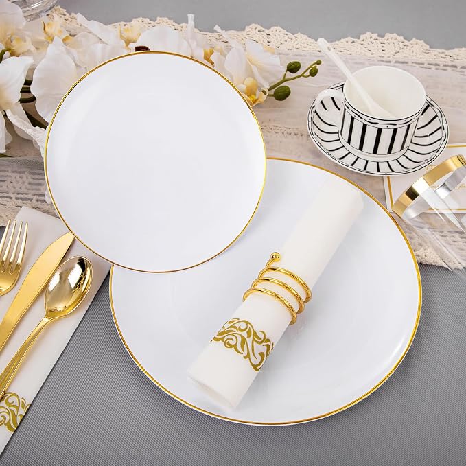 Supernal 350Pcs Elegant White and Gold Plastic Dinnerware Set for Wedding | Heavy duty disposable plates with gold plastic silverware, cups, and napkins. Premium tableware pack serves 50 guests.