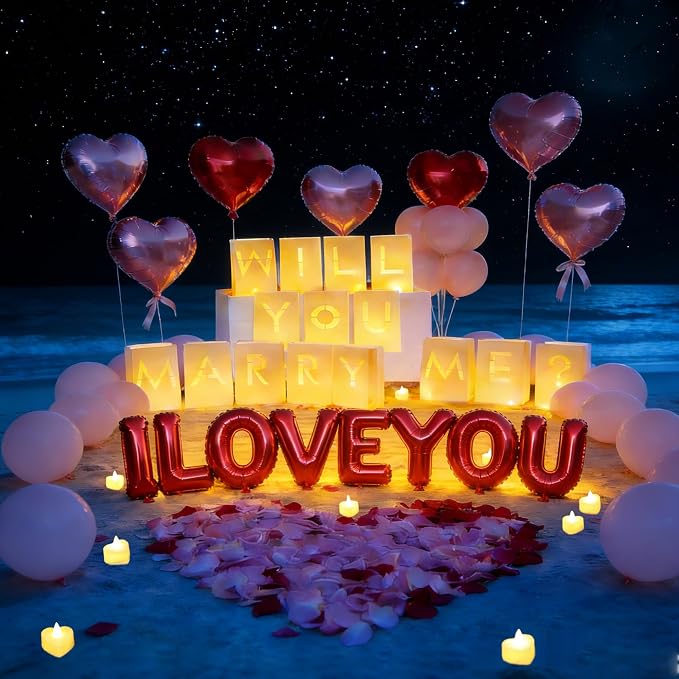Will You Marry Me Light Up Letters Proposal Decorations,Glowing Luminary Letter Bags with LED Tea Lights, Rose Petals,Heart Balloons for Proposal,Engagement Party,Valentine’s Day,Romantic Night