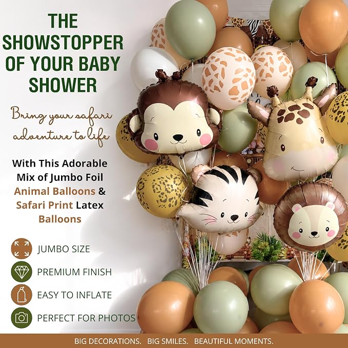 272 Pc Safari Baby Shower Decorations, Jungle Animal Party Set | Safari and woodland baby shower decorations; jungle and forest animal styles with backdrop, balloons, banner, sash