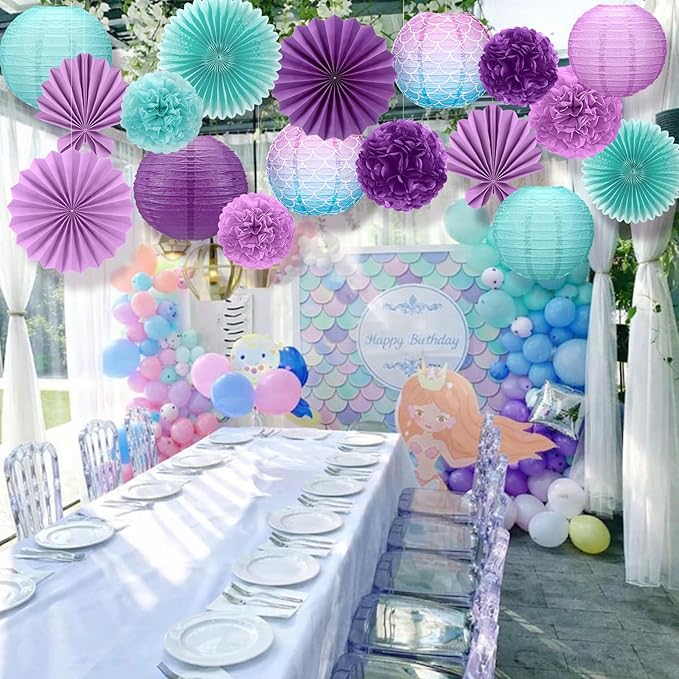 Soulchen 18 Pcs Mermaid Party Decor Purple and Green Paper Lanterns Set Ceiling Hanging Decorations Tissue Pom Poms Fans Decor for Mermaid Under the Sea Ocean Birthday Party Classroom Supplies