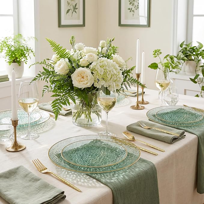 I00000 150Pcs Clear Green Plastic Plates with Gold Rim,Green Disposable Plates,Clear hammer patterned plates Set include 30 Dinner Plate,30 Dessert Plate,90 plastic Silverware Set for Party