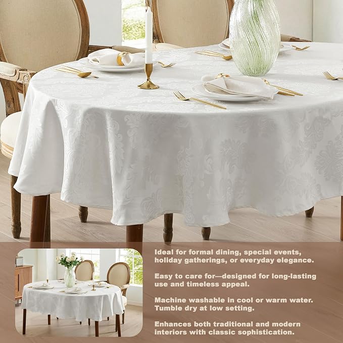 Newbridge Barcelona Luxury Damask Fabric Tablecloth, 60” Wide x 102” Oval, White, 100% Polyester, No Iron, Soil Resistant Dining Room, Party and Banquet Table Cover