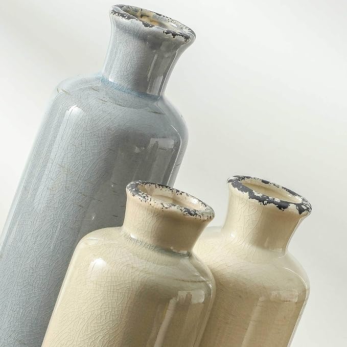 Ceramic Vase Set of 3, Neutral Flower Vases Home Decor, Pottery Rustic Farmhouse Decorative Vases Modern Decor for Table Mantel Entryway Bookshelf Living Room Kitchen Bedroom - Ocean