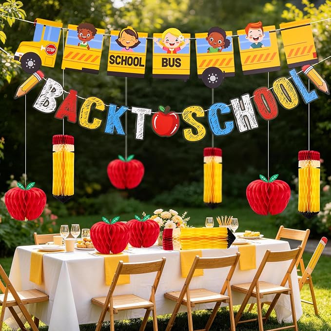 Back to School Decoration School Bus Party Banner Apple Pencil Hanging Honeycomb Welcome Back to School Classroom Kindergarten Teacher Appreciation First Day of School Bulletin Board Supplies