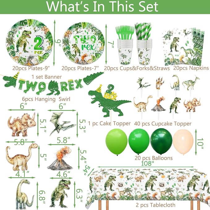 206 Pcs Dinosaur 2nd Birthday Party Supplies, Green Dino Two Rex Birthday Decorations, 20 Serves Include Paper Plates, Cups, Napkins, Tablecloth, Cake Topper, Swirls, Banner, Balloons for Boys