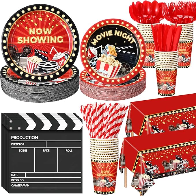 Funnymoom 452 Pcs Movie Night Party Decorations Supplies Set Include Movie Theme Birthday Paper Plates Napkins Cups Tablecloth Cutlery Straws for Now Showing Red Carpet Birthday Party