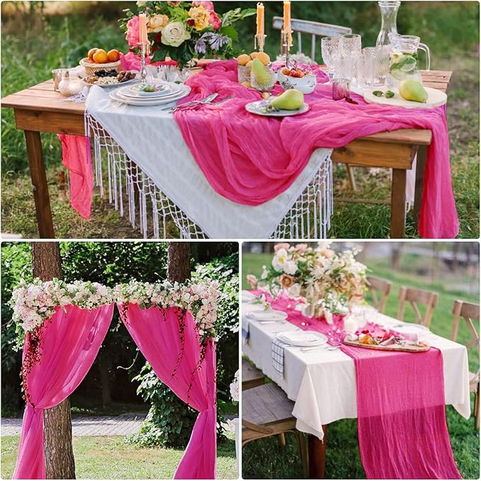 15 Pack Cheesecloth Table Runner 10Ft Gauze Cheese Cloth Table Runner 35 x120 Inch Boho Table Runners Holiday Table Cloth for Wedding Birthday Party Baby Bridal Shower Reception Table Décor(Hot Pink)