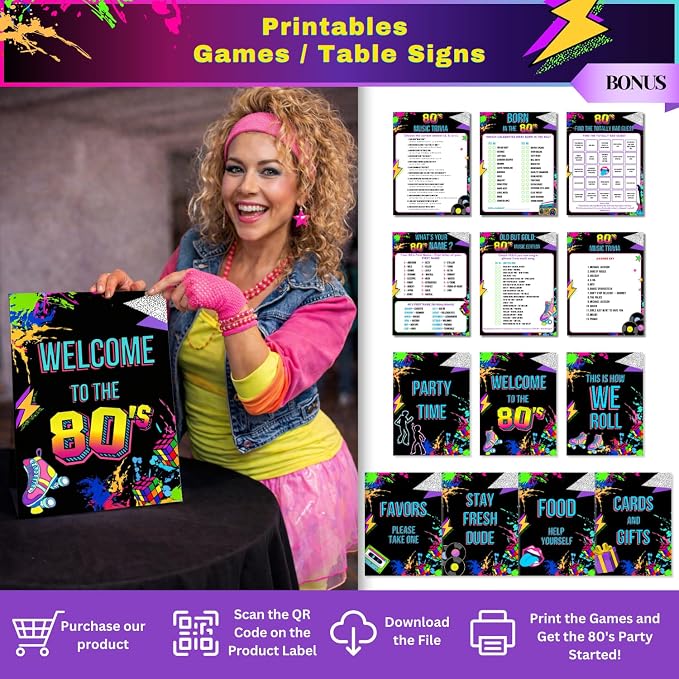 Premium 80s Party Decorations, Back to the 80s Birthday Party Decorations with Fabric Backdrop, Tattoos, Balloon Garland, Banner, Table Decor, Photo Props, Cake Toppers for Birthday Party, and More