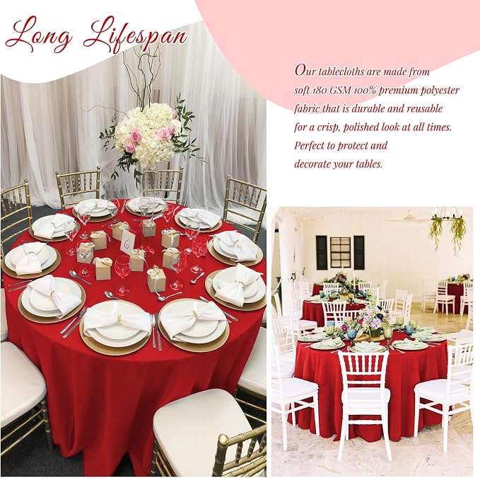 Showgeous 12 Pack Red Round Tablecloth - 120 Inch Polyester Table Cloth - Washable Decorative Fabric Table Covers for Wedding Party Banquet