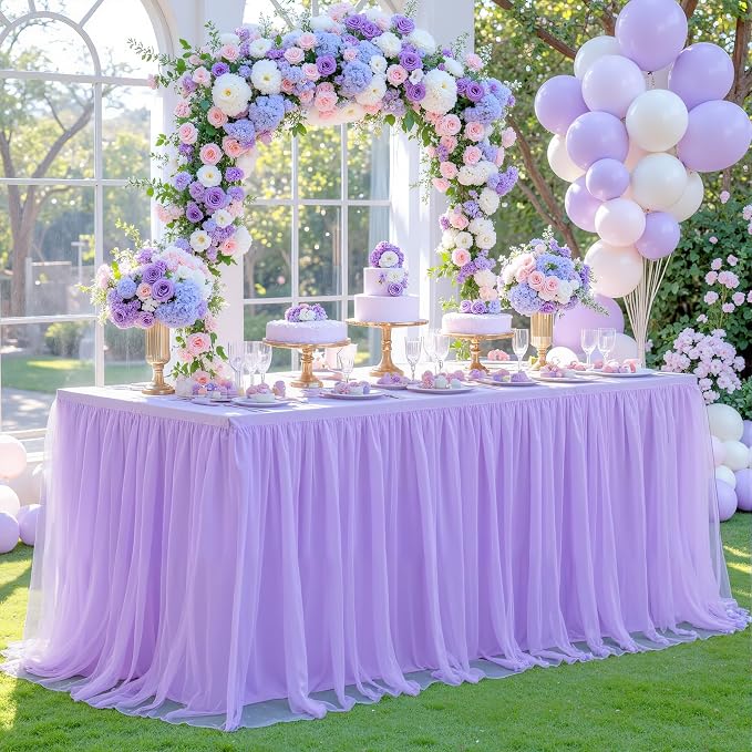 4 Pack Lavender Table Cloth for 8 Foot Rectangle Tables, Stretch Fitted Tulle Table Covers Skirt, Rectangular Ruffle Tutu Tablecloth Wedding Banquet Baby Shower Cake Tablecloths Decorations