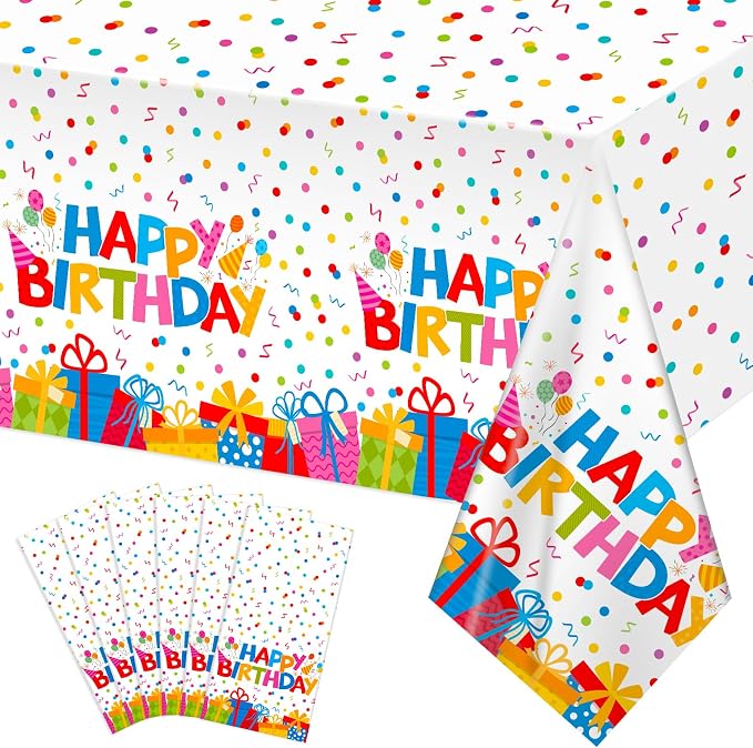 NatNarr 6 Pack Plastic Birthday Tablecloth, 54 x 108 Inch Disposable PE Happy Birthday Party Tablecloths Waterproof Rectangle Party Table Cover for Birthdays Parties Decor