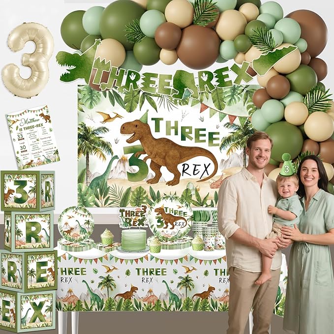 cocomigo 267pcs Three Rex Birthday Decorations Boy Complete Party Set, 3 Rex Birthday Decorations Boys, Serves 25 Guests, for Dinosaur Theme 3rd Party Supplies