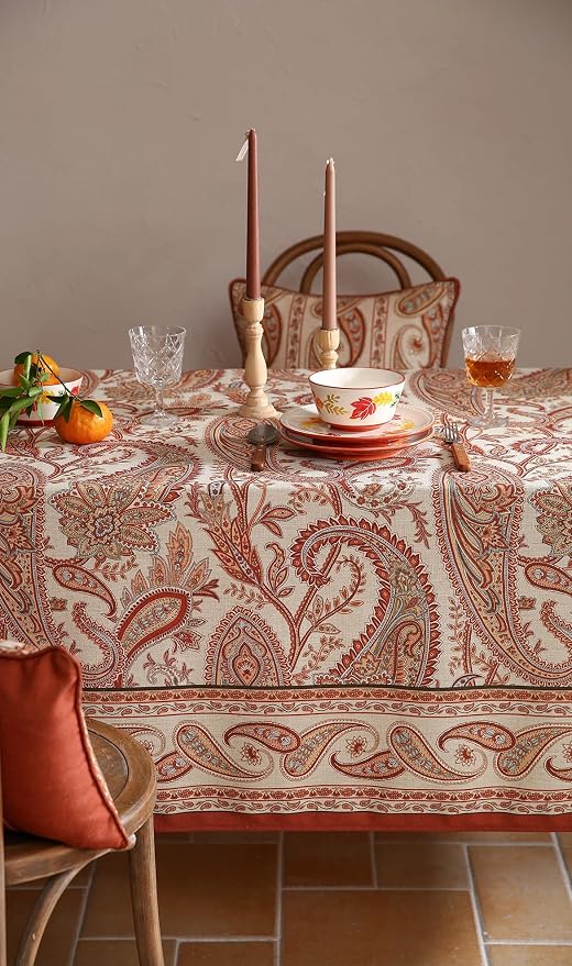 ISAENNE Designer Vintage Linen Rectangular Tablecloth,102"x63"-Chauffrey D | Vintage French Table Cloth Rectangle Table,Cashew Pattern,Durable,Heavyweight,Dining,Kitchen,Tea Party,Thanksgiving