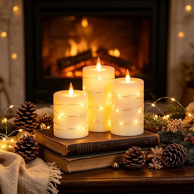 Da by 3 Pack Ivory Real Wax Flameless Taper Candles, Lifelike Flickering LED Flame Candles with Surrounding Copper String Lights, Soft Warm Battery Candles with Remote for Home Wedding Holiday Decor