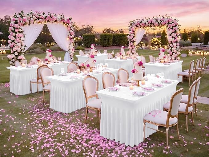 6 Packs White Stretch Table Skirts for 8 Foot Rectangle Table, Washable Spandex Stretch Tablecloths with Skirt, Wrinkle Resistant Fitted Tablecover for Wedding Party Banquet