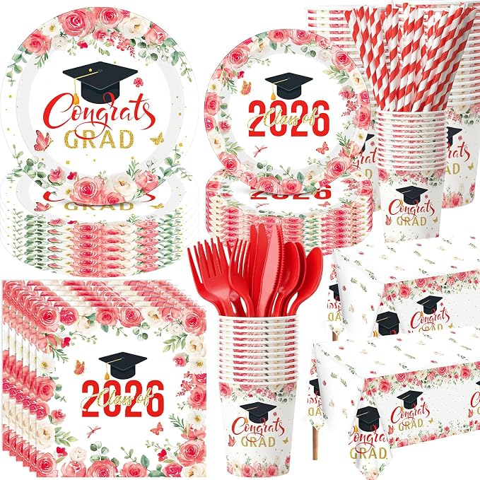 Funnymoom 452 Pcs 2026 Red Floral Graduation Decoration for 50, Class of 2026 Red White Gold Grad Paper Plates Napkins Cups Tablecloth Cutlery Straws for College School Congrats Grad Party Supplies