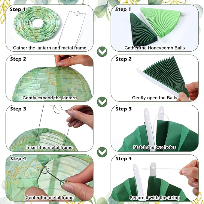 Retisee 18 Pcs Eucalyptus Leaves Sage Greenery Party Decorations Eucalyptus Leaves Hanging Paper Lanterns Sage Green Honeycomb Fans Honeycomb Ball for Neutral Green Theme Party Ceiling Decor Supplies