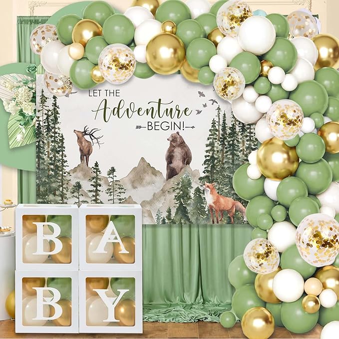 140PCS Let The Adventure Begin Baby Shower Decorations, Woodland Mountain Baby Shower Supplies, Sage Green Balloon Garland Kit, BABY Boxes, Backdrop Banner