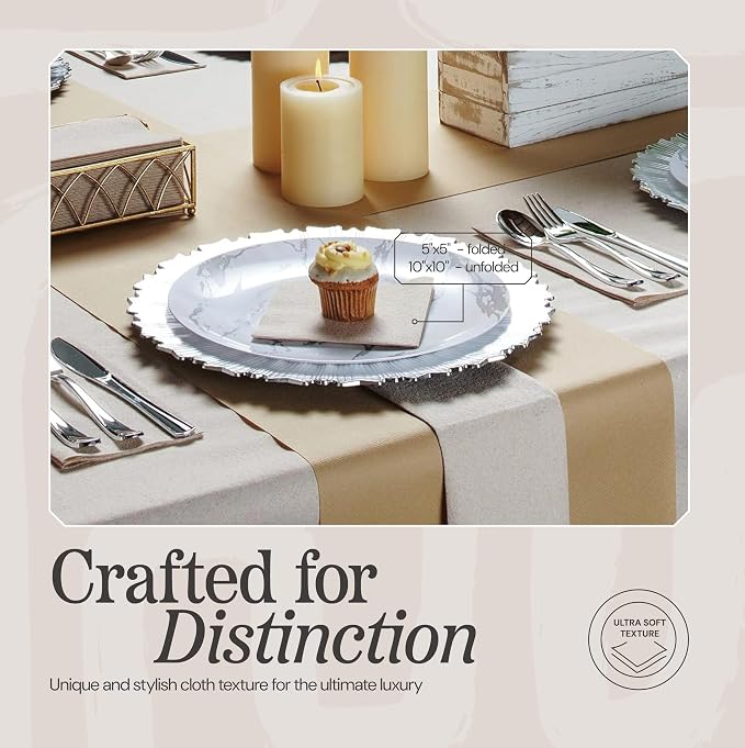 Disposable Cloth-Like Cocktail Napkins, 200 Pack 10" x 10" Linen-Feel Natural Color Recycled Beverage Paper Napkins For Bar, Café, Wedding Or Party