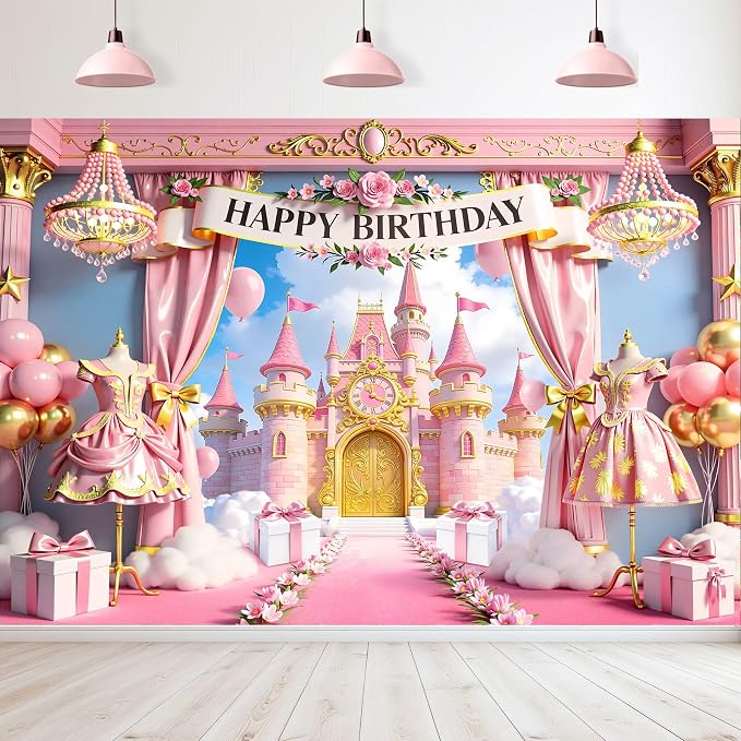 Princess Castle Happy Birthday Backdrop 7Wx5H Feet Polyester Fabric Pink Goled Balloons Pastel Cloudy Sky Cute Fantasy Decoration Girly Beautiful Photography Background Photo Shoot Props