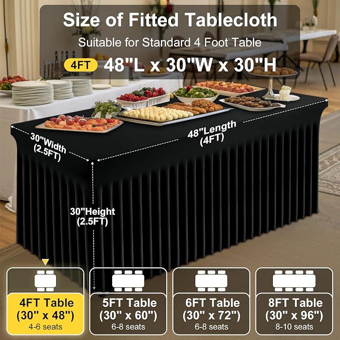 Smiry Spandex Tablecloth, Elastic Fitted Stretch Tablecloth for 4FT Rectangle Tables, Waterproof Washable Table Cover Skirt for Outdoor, Wedding, Banquet & Parties (Black, 48Lx30Wx30H Inch)