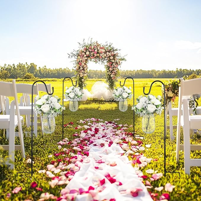 6 Sets Wedding Aisle Decorations with 16 oz Hanging Mason Jar Peonies Baby's Breath Flowers Vase 32" Shepherds Hooks Rustic Mason Jar with Faux Flower for Wedding Ceremony Outdoor Isle Decoration