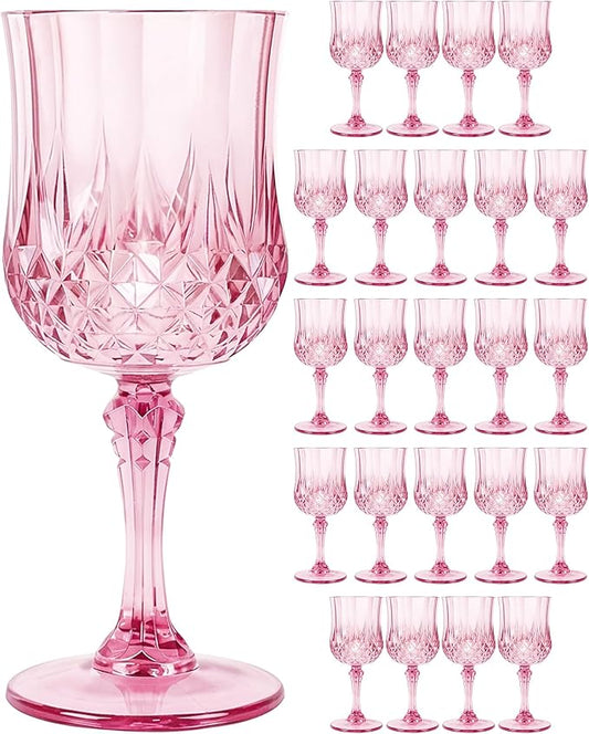 Plastic Wine Glasses Set, 7oz Vintage Goblets Shatterproof Unbreakable Reusable & Disposable, Drinking Glasses with Stem, for Wedding Outdoor Dinner Easter Party (24pcs, Pink)