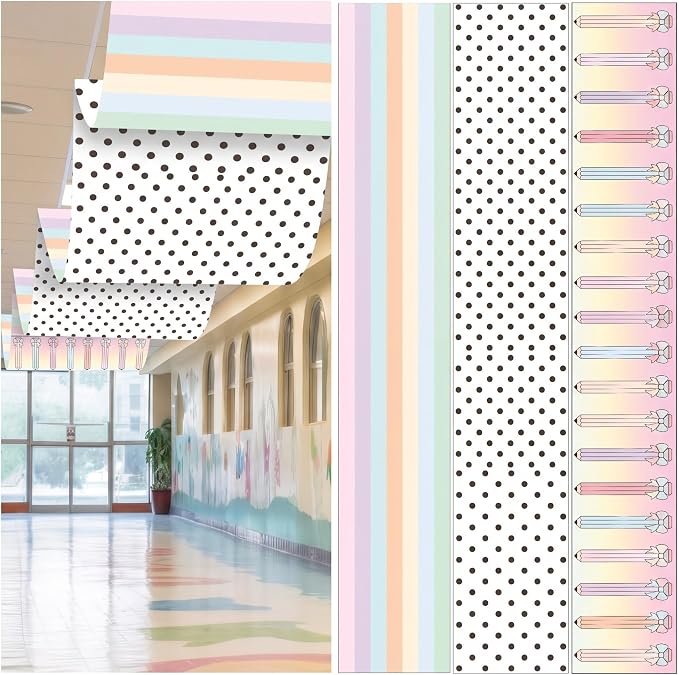 Feifeiya 3 Pcs 36 ft Pastel Hanging Ceiling Decor for Back to School Pastel Stripes Bow Pencil Black Polka Dot Printed Hanging Ceiling Banner Decorations for Classroom First Day of School Decor