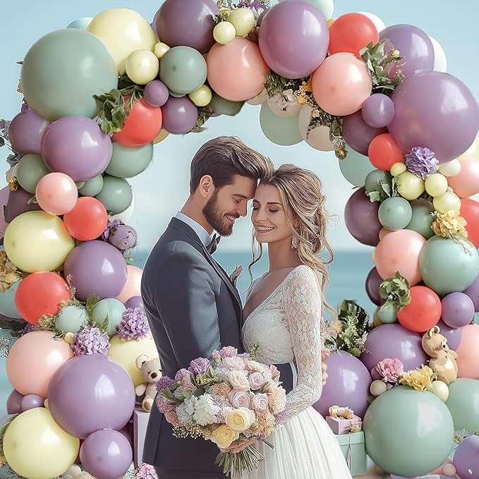 Dusty Green Purple Pink Yellow Balloons Arch Kit, Double Stuffed Pastel Balloon Garland with Lavender Lilac Yellow Green Red Latex Balloons for Birthday Baby Shower Wedding Anniversary Decorations.