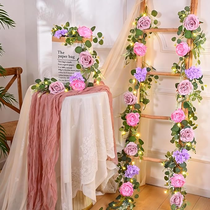 Livole 6 FT Artificial Flower Garland with Lights Pink Fake Roses Peony Floral Garland with Eucalyptus Flower Hanging Vine for Wedding Arch Table Centerpieces Backdrop Party Home Decorations