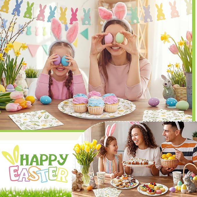 Vesici 150 Pcs Easter Bunny Oval Paper Plates and Napkin Set Bunny Tableware 10'' x 12'' Large Disposable Heavy Duty Rabbit Green Leaves Dessert Plates Cups Napkins for Spring Easter Party Supplies