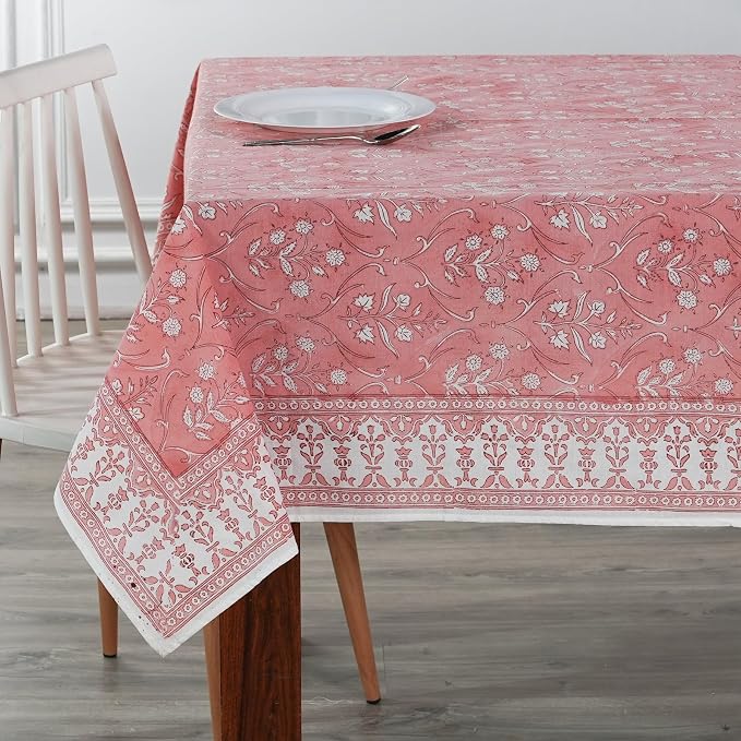 Ridhi Sweet Pink Hand Block Print Cotton Rectangle Tablecloth 120" x 80" inches Reusable Table Cover Decorative Everyday Use for Dining Room, Farmhouse, Home Gift for Spring, Mother's Day