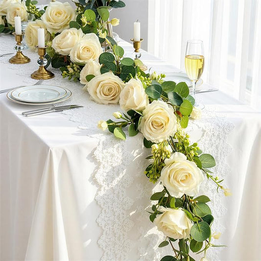 Lewondr Artificial Eucalyptus Garland with Flower - 8 Roses, 6FT Faux Floral Greenery Garlands Fake Flowers Vines, Maintenance-Free for Wedding Table Backdrop Party Centerpiece Room Decor, Champagne