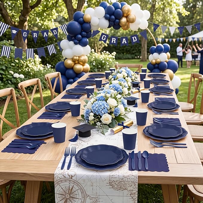 NatNarr 350 Pcs Navy Blue Plates and Napkins Set, 50 Guest Navy Blue Party Supplies Include 9" Graduation Plates & 7" Cake Plate Disposable Plastic Cutlery for Birthday Graduation Party Wedding