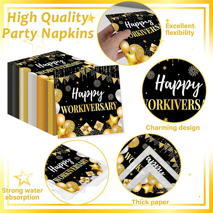 Justforjoyful 96Pcs Happy Work Anniversary Party Supplies Black Gold Happy Workiversary Tableware Dinnerware Set Worker Appreciation Plates Napkins Decorations for Women Men Office Employee Worker