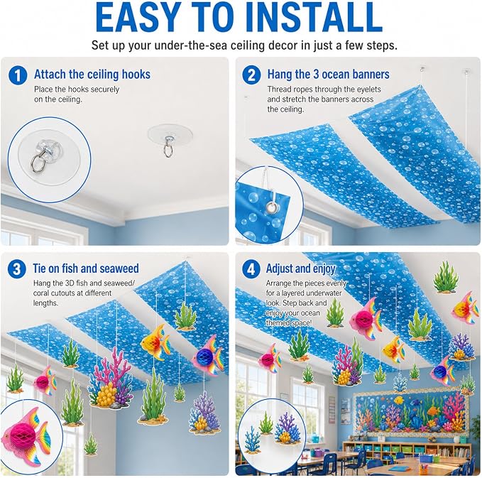 60 Pcs 2026 Under The Sea Party Decoration for Classroom 24" x 13ft Ocean Hanging Ceiling Banner 3D Faux Floating Fish Seaweed Hanging Ornament for Kid Back to School Party Class Decor