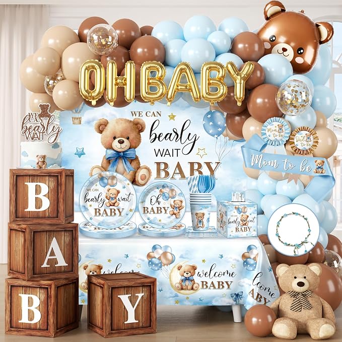 342Pcs Blue Bear Baby Shower Decorations Serves 25, All-in-1 Bear Party Decorations with Balloon Arch Kit Flower Crown Headband Plates Napkins Cake Topper Tablecloth Backdrop Blue Baby Shower Decor